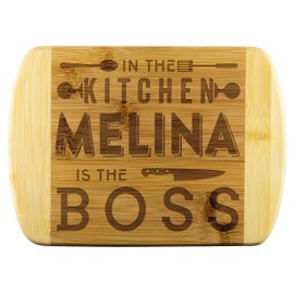 Gifts For Mother In Law - In The Kitchen Melina Is The Boss - Mothers Day Gifts For Daughters, Presents For Mom, Funny Engraved Bamboo Cutting Board, Housewarming Gift