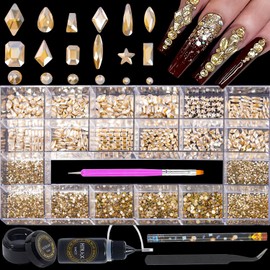 HNUIX Nail Rhinestones Kit 12 Types Champagne Special-Shaped Diamonds 4550Pcs Flat-Bottomed Crystal 3D Decorations Gems Stones With Nail Glue Gel + Nai Brush + Tweezers +Drill Pen