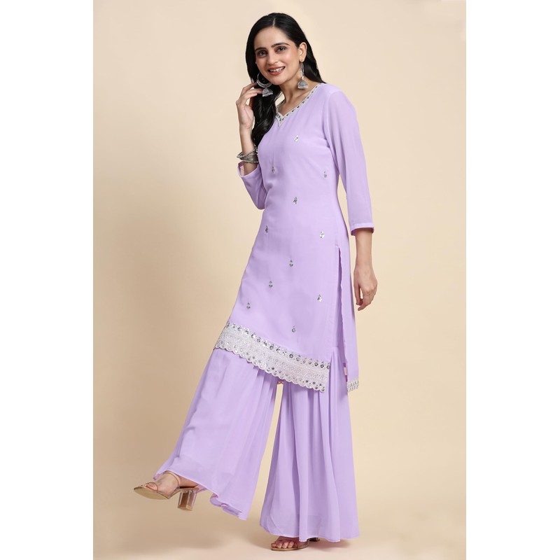 TRENDMALLS Women's Georgette Embroidery Sequins Work Kurta Sharara Set with