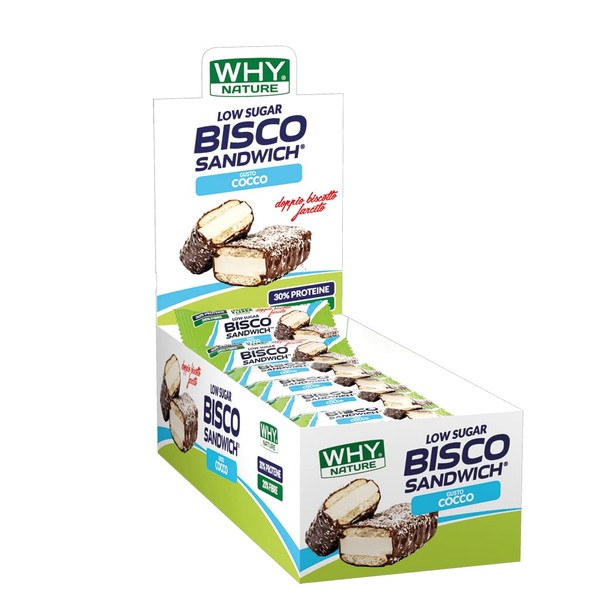 WHY NATURE BISCO SANDWICH - Barrette Proteiche – Biscotti Proteici Ricoperti di Cioccolato - Snack Proteici Gusto Cocco - Box da 21 Pezzi - 45 gr