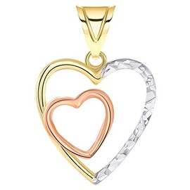 14k Yellow and Rose Gold Textured Tri-Tone Double Open Heart Pendant