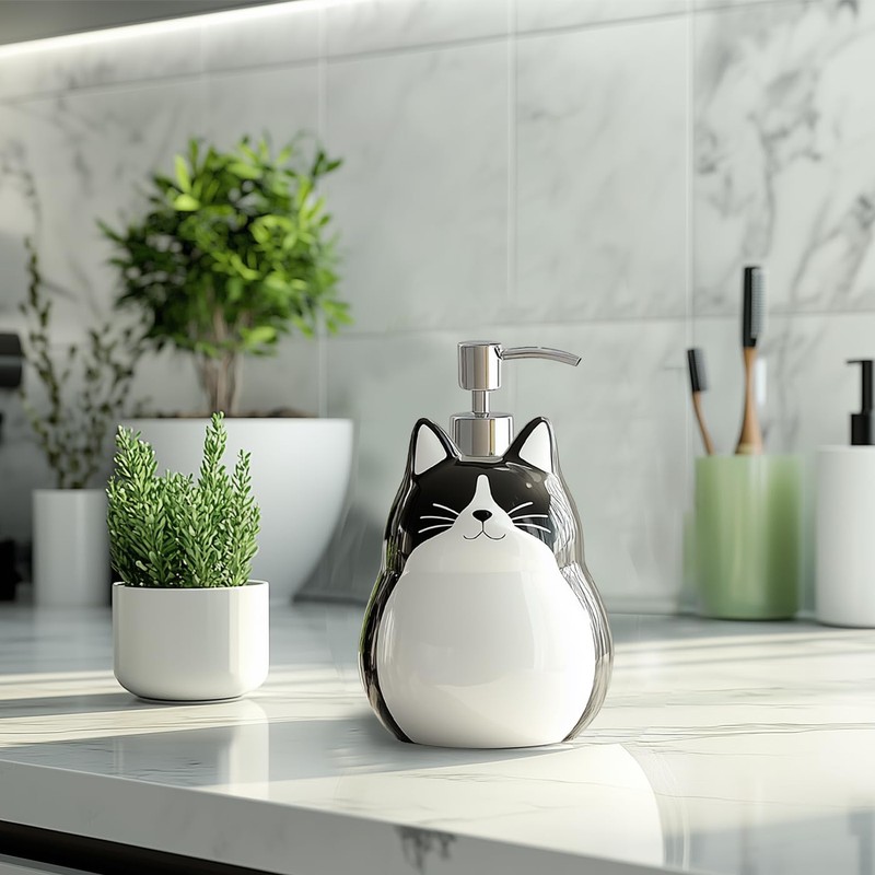CHOOLD Ceramic Black Cat Soap Dispenser with Plastic Pump, Refillable
