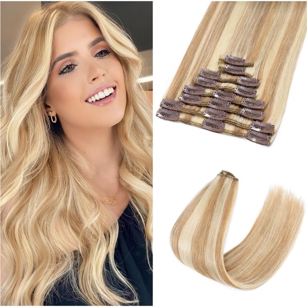 Benehair Clip-In Real Hair Extensions, 8 Pieces, 100% Real Hair, 55 g, Flax Yellow Mixed Light Gold Hair Extensions, Real Hair Clip for Women, 18 Clips per Set, 30 cm #12P613