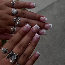 Press On Nails - 24pcs Short Medium Square French Tip False Nails - White French Pink Fake Nails With Bow - Cute french Tip nails With Glue - Full Cover Acrylic Stick On nails For Women Girls Nail Art