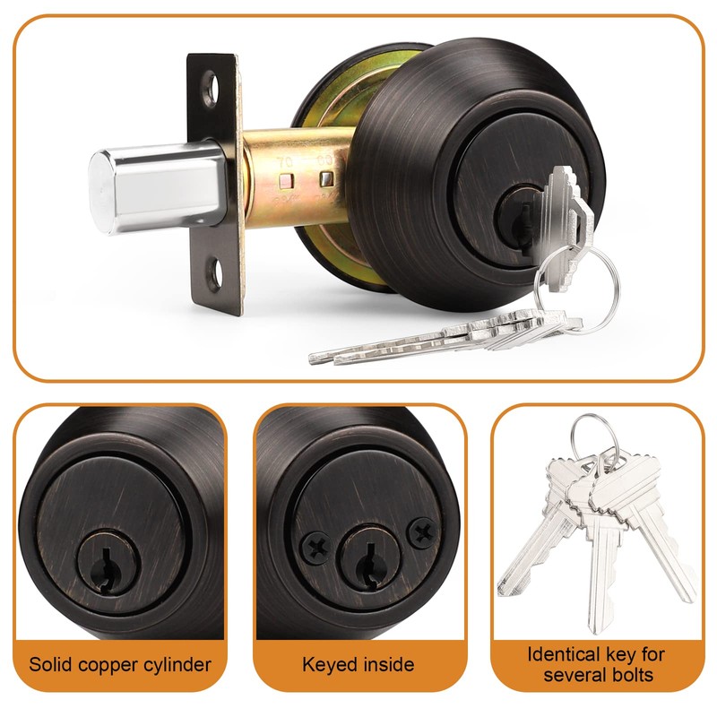 Probrico Oil Rubbed Bronze Double Cylinder Deabolt Keyed Alike, 3