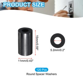 PATIKIL M5 Black ABS ID 5.2mm,OD 11mm,Length 15mm, Nylon Round Spacer Washers, 120Pcs Plastic Standoff Rubber Nut Unthreaded for M5 Screws Electrical Outlet Switch Receptacle