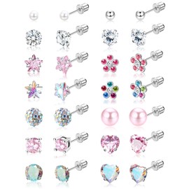 SAILIMUE 14 Pairs Hypoallergenic Screw Back Stud Earrings for Women Girls 316L Stainless Steel Tiny CZ Pearl Ball Heart Flower Screwback Earrings Studs Set Multicolored Pink