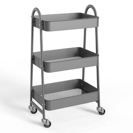 Sweetcrispy Shop  3 Tier Small Rolling Cart,Metal Utility Storage Organizer Mobile Shelving Unit with Caster Wheels for Snack Bedside Narrow Places - Color: Grey