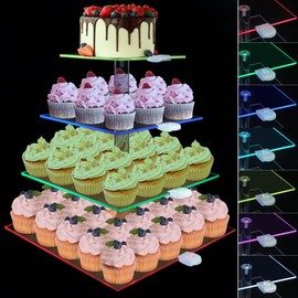 Rechargeable LED Cupcake Stand for 50 Cupcakes, 7 Colors Light Clear Cupcake Holder, 4 Tier Cupcake Tower, Acrylic Dessert Table Display Set for Weddings, Christmas, Birthday, Parties