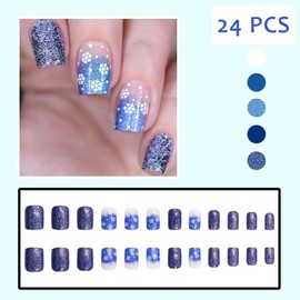 Christmas Blue Gradient Glitter Press on Nails Short Square Fake Nails Christmas Snowflake Design False Nails Blue Glitter Tip Acrylic Nails Winter Xmas Full Cover for Women DIY Christmas Nails 24Pcs