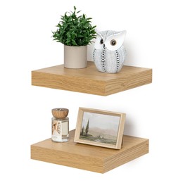 Fun Memories 12 Inch Floating Shelf, Rustic Wood Wall Shelves for Wall Decor & Storage, 12 x 12 Floating Shelf for Living Room, Bathroom, Bedroom, Oak, Set of 2