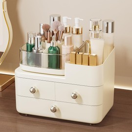 Makeup Organizer with Drawers and 360° Rotating Brush Holder,make up organizers for counter,Large Capacity Cosmetic Storage for Vanity,Skincare,Perfume