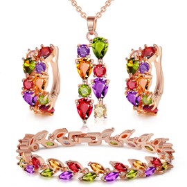 Spardar Set de Joyería para Mujer, 4pcs Joyería Conjunto con Collar Pendientes y Pulsera, Multicolores Zirconia Aretes Pulsera Collar Conjunto de Joyas clásicas Regalo Ideal para Mamá y Esposa