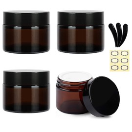 Apstaqeoo 4Pcs 20ml/20g Amber Glass Jars - Round Empty Cream Jars Leak-proof Travel Cosmetic Container with Inner Liners/Black Lids/Spatulas - Refillable Sample Pots for Lotion Face Body Hand Cream