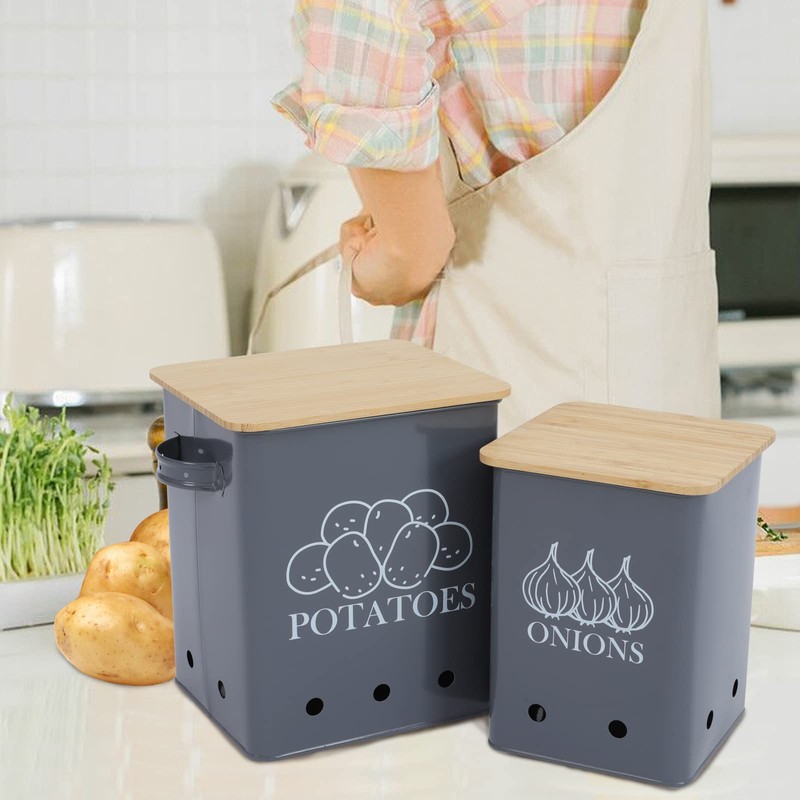 Kitchen Vegetable Storage Tins Set of 2 for Potatoes, Onion,