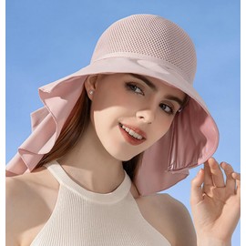 Sun Hat for Women UPF 50+ UV Sun Protection Wide Brim Foldable Summer Beach Bucket Cap with Neck Flap Outdoor Pink