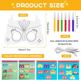 VLUVLA 32PCS Animal Masks for Kids, DIY Colouring Craft Kit with 32 Blank Masks, 24 Watercolor Pens, 32 Elastic Cords & 4 Sample Sheets, Jungle Safari Party Activity Set