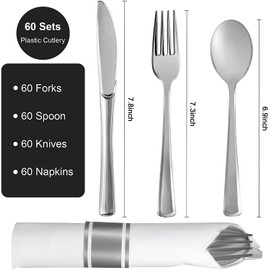 Pre Rolled Silver Plastic Silverware Set - 60 Packs individually Wrapped Plastic Cutlery Set Disposable with Napkins, Spoons, Forks, Knives, Heavy Duty Plastic Utensils for wedding Parties Birthday