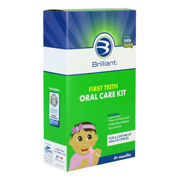 First Teeth Oral Care Kit by Brilliant Oral Care - Includes Baby's 1st Teether Brush, Brilliant Baby Toothbrush & 2oz Spry Strawberry-Banana Tooth Gel 4 Months Old and Up, Pink (00545P)