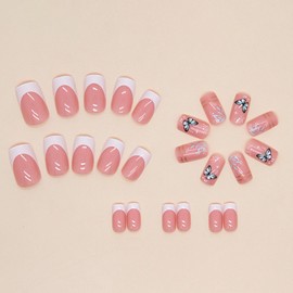 Medium Press on Nails Square Fake Nails with Butterfly & Leaves Designs White French Tip Nails Press ons Glossy Glue on Nails Summer Acrylic Nails Pink Artificial Stick on Nails for Women 24Pcs