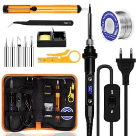 Soldering Iron Set, 80 W LCD Soldering Iron with Adjustable Temperature 180-520 °C, On/Off Switch, 5 Interchangeable Tips for Soldering, Desoldering Pump, Soldering Iron Stand, Tweezers, Soldering Set
