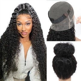 ONICE Deep Wave 360 HD Lace Front Wigs Human Hair With Drawstring Wet And Wavy 360 Full Lace Human Hair Wigs For Black Women Hidden Strap Curly Wig Can Make High Ponytail And Bun(26 Inch)