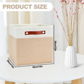 IBEQUEM 4Pack Fabric Cube Storage Bins, 12x12 Cube Canvas Storage Bins, Collapsible Storage Baskets with Leather Handles, Decorative Storage Boxes fo Organizing, Closet, Clothes, Shelves, Office