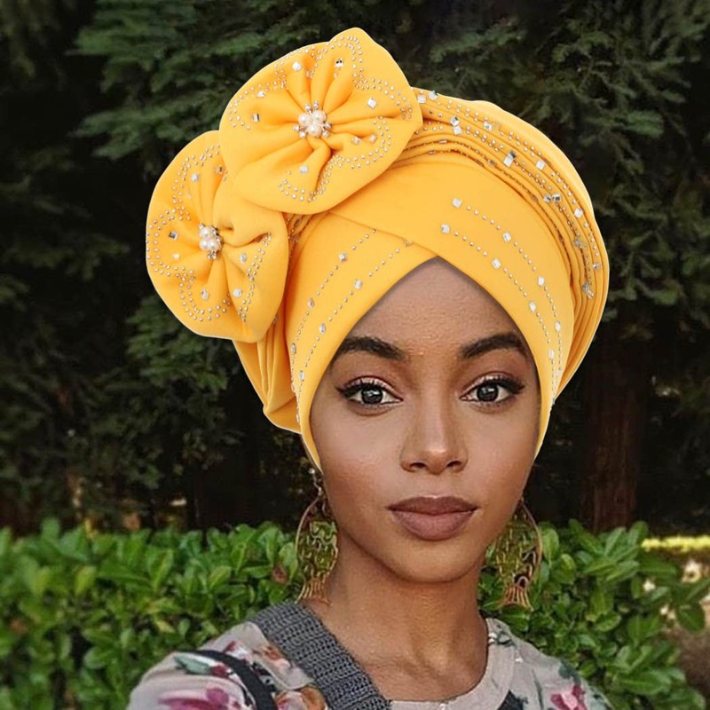 IYOU Crystal Turbans for Women Flower Rhinestone Beanie Hat Twisted