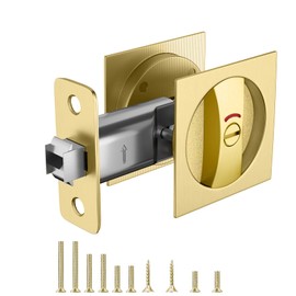 HEYLEAYAR Square Pocket Door Lock with Indicator, 1 Pack Contemporary Privacy Pocket Door Hardware, 2-3/8" Non_Adjustable Backset, Brushed Gold (Brushed Gold, Square Lock with Indicator - 1 Pack)