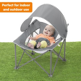 Bright Starts Pop 'N Chill Travel Seat, Indoor/Outdoor Use, Infant Seat with UPF 50+ Canopy, Grey, Ages 0-6 Months