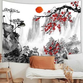 Tapiz japonés, tapiz de flores de cerezo japonés de primavera para colgar en la pared, tapiz de pared japonés de montaje Fuji asiático, tapices de paisaje natural para recámara, sala de estar, decoración del hogar (60 x 40 pulgadas)
