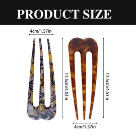 2-Pack 3-Prong U Shaped Hair Forks, Strong Hold Bun Pins for Thick Hair, Vintage Vintage Style Hair Accessories (Tortoise, Brown)