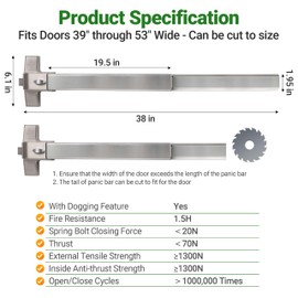Push Bar Panic Exit Device for Emergency Exit Doors with Door Handle- 304 Stainless Steel Panic Bars for Exit Doors, 38" Commercial Push Bar Panic Exit Device for 39”-53” Wood/Metal Door (Silver)