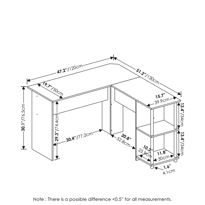 Furinno Abbott L-Shape Computer Desk with Stainless Steel Tubes Bookshelf,