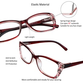 VisionGlobal 5 Pairs Reading Glasses with Spring Hinge, Blue Light Blocking Glasses, Computer Reading Glasses for Women and Men, Fashion Square Eyewear Frame(Red,+4.00 Magnification)