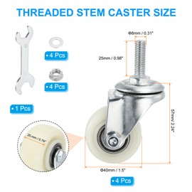 PATIKIL 1.5 Inch Stem Caster Wheels, 4 Pack Low Profile Rubber Threaded Shelf Swivel Wheel M8 x 25 mm Total Load 397 Lbs for Cart Wire Shelving Racks Leveling, White