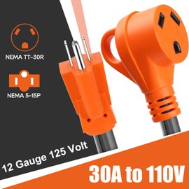 Ficstar RV Adapter 30 Amp to 110 Volt RV Adapter Cord 12 Inch,NEMA 5-15P to NEMA TT-30R Electrical Power Adapter,12/3 Gauge RV Dogbone Adapter Cord with Grip