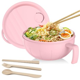 steo spce Large Ramen Bowl Set, 40 Oz Microwaveable Noodle Cooker with Leak-Proof Lids, Chopsticks, Spoon & Fork – Portable and Dishwasher Safe, Ideal for Home, Office, Dorm, or Gift Light (Pink)