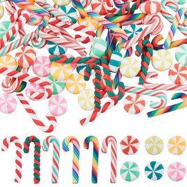 SUNNYCLUE 1 Box 96Pcs Christmas Resin Fillers Xmas Flatback Charms Vase Decorations Fillers Polymer Clay Charm Candy Cane Cabochons Vase Filler for Centerpieces Home Table Holiday Party Decor