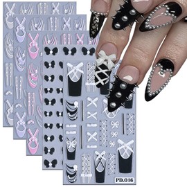 5 Sheets Ballet Bow Nail Art Stickers 5D Relief Self -Adhesive Pearl Bow Nail Decals Holographic Lace Bows Love Heart Nail Stickers French Nail Decoration for Women Manicure Supplies