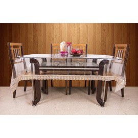 SNDecor Indoor Outdoor Heavy Duty Premium Crystal Clear Vinyl Tablecloth, Waterproof Wipeable Plastic Protector Cover for Tables (Golden Lace, 60" x 124")