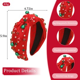 Mdscve Christmas Head Bands for Women's Hair Knotted Headband With Pearl Rhinestone Hair Bands for Women's Hair Non Slip Wide Top Girls Headbands Crystal Beaded Headwear Christmas Accessories (Red)