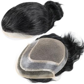 HAPPY&CC Hair Toupee For Men Mens Wig Human Hair Mono Lace Thin Skin Hair Prosthesis Man Hair 80% 1B OFF Black Color Mixed 20% Grey Hair System Pieces For Men