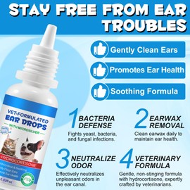 Ear Drops for Cats & Dogs-Clean Pet Earwax-Mild and Effective-Dog Yeast Soothing Cleansing-60ml-30 Cotton Swabs