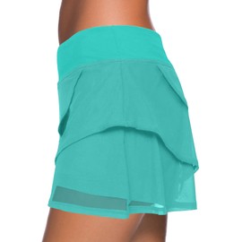 Aleumdr Women Ruffle Swim Skirt Solid Color Waistband Layered Skort Bikini Bottom Green Large