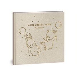 My First Year Baby Album - High-Quality Linen Book with Gold Embossing for the Most Beautiful Memories - Baby Book to Enter for the First Year of Life - Baby Gift for Birth (Balloons Natural)