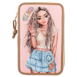 Depesche 12378 TOPModel Hippie Heart - Filled 3-Compartment Pencil Case with Model Motif and Print in Crochet Look, Pencil Case with Colouring Pencils, Scissors, Ruler and much more, rose, Modern