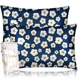 Miss Adola Silk Pillowcase - 2 Pack Standard Size 20x26 Inch Mulberry 19 Momme Pillow Case for Hair and Skin Soft Cute Aesthetic Bed Sleeping Pillow Cover with Zipper for Women, Blue White Flowers