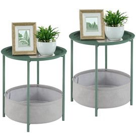 VECELO Round Side/End Table with Fabric Storage Basket，Metal Anti-Rust and Waterproof Small Bedside Nightstand with Removable Tray Top for Living Room，Balcony & Laundry，Dark Green /2pcs with Basket