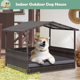 HAPPAWS Wicker Dog Bed House, Indoor Outdoor HDPE Rattan Dog Houses, Raised Dog Cot Pet House, Elevated Pets Sofa w/Washable Cover, Waterproof Roof Shelter, Removable Cushion Lounge